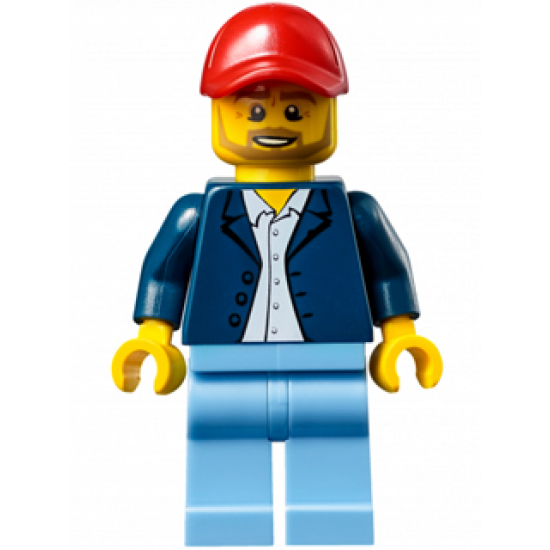 Race Official - Male, Dark Blue Blazer over White Button Down Shirt, Medium Blue Legs, Red Cap with Hole, Beard