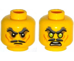 Minifigure, Head Dual Sided Moustache Split, Stern Dark Bluish Gray Bushy Eyebrows, Sunken Eyes, Wrinkles / Green Eyes, Angry Pattern