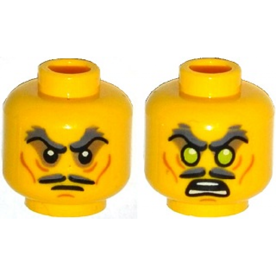 Minifigure, Head Dual Sided Moustache Split, Stern Dark Bluish Gray Bushy Eyebrows, Sunken Eyes, Wrinkles / Green Eyes, Angry Pattern