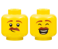 Minifigure, Head Dual Sided Reddish Brown Eyebrows and Moustache, Lopsided Grin / Closed Eyes, Open Mouth Smile with Teeth Parted Pattern