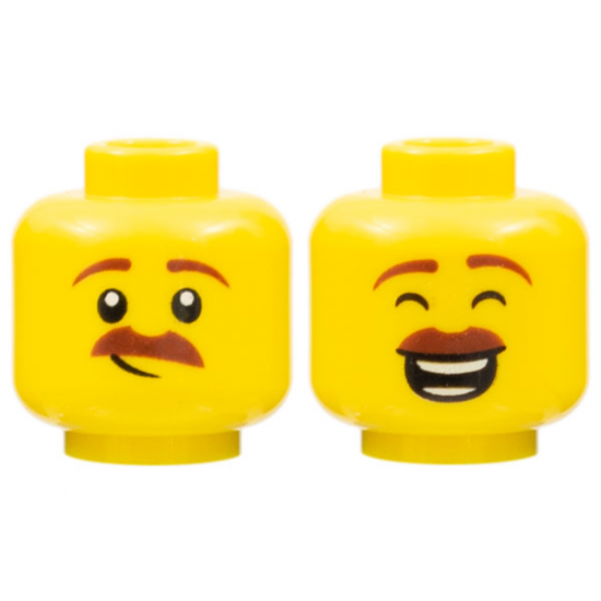 Minifigure, Head Dual Sided Reddish Brown Eyebrows and Moustache, Lopsided Grin / Closed Eyes, Open Mouth Smile with Teeth Parted Pattern