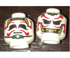 Minifigure, Head Dual Sided Alien Dark Red Eyebrows and Moustache, Gold Teeth and Fangs, Sad / Evil Grin Pattern