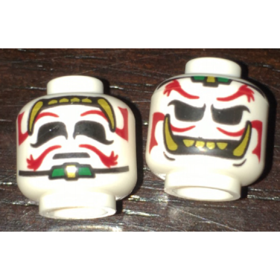 Minifigure, Head Dual Sided Alien Dark Red Eyebrows and Moustache, Gold Teeth and Fangs, Sad / Evil Grin Pattern