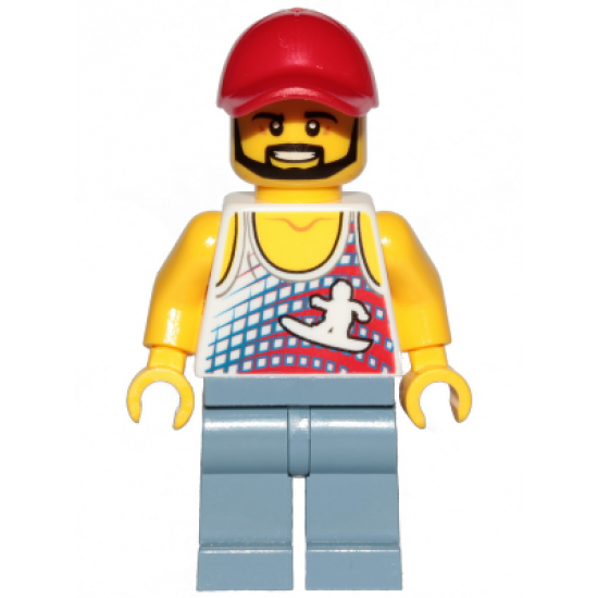 Skater - Tank Top with Surfer Silhouette, Sand Blue Legs, Red Cap, Black Angular Beard