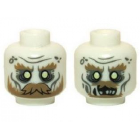 Minifigure, Head Dual Sided LotR Ghost with Glowing Eyes, Moustache, and Circles on Temples, Mouth Closed / Mouth Open Pattern