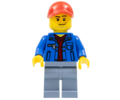 Blue Jacket over Dark Red V-Neck Sweater, Sand Blue Legs, Red Cap with Hole, Smirk and Stubble Beard