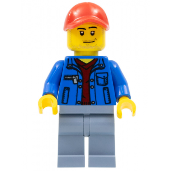 Blue Jacket over Dark Red V-Neck Sweater, Sand Blue Legs, Red Cap with Hole, Smirk and Stubble Beard