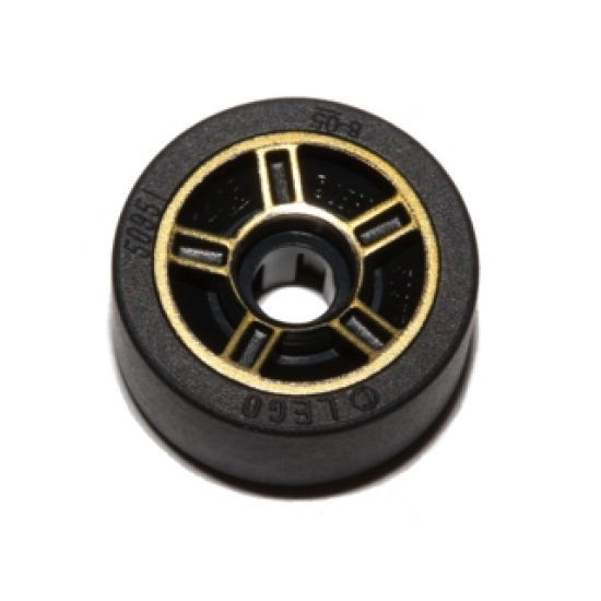 Wheel & Tire Assembly 11mm D. x 6mm with 5 Spokes with Gold Outline Pattern with Black Tire 14mm D. x 6mm Solid Smooth (50944pb02 / 50945)