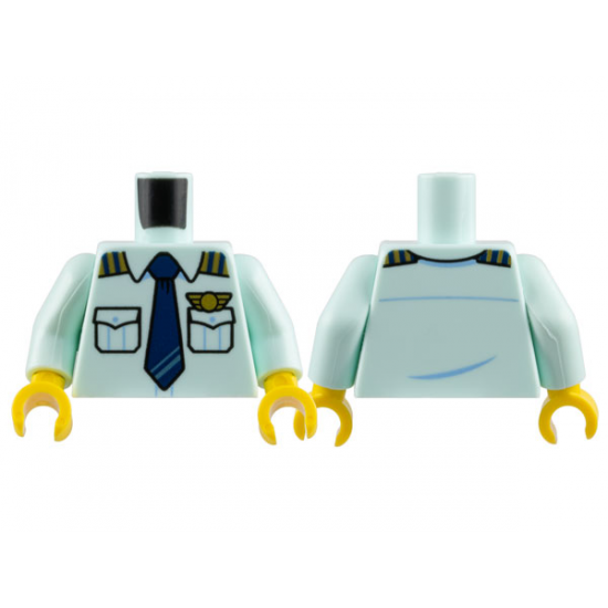 Torso Pilot Uniform Shirt with Pockets and Epaulettes, Dark Blue Tie, Gold Wings Badge Pattern / Light Aqua Arms / Yellow Hands