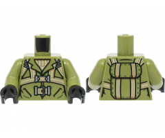 Torso Jacket over Tan Sweater, Harness and Belt with Buckle, Parachute Pack on Back Pattern / Olive Green Arms / Black Hands