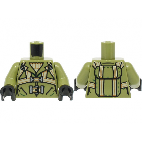 Torso Jacket over Tan Sweater, Harness and Belt with Buckle, Parachute Pack on Back Pattern / Olive Green Arms / Black Hands
