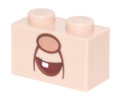 Brick 1 x 2 with Medium Nougat Nose and Dark Red Open Mouth Smile with White Tooth Pattern (Professor E. Gadd)