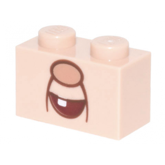 Brick 1 x 2 with Medium Nougat Nose and Dark Red Open Mouth Smile with White Tooth Pattern (Professor E. Gadd)