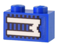 Brick 1 x 2 with White 'M' on Blue and Black Lines Pattern (Sticker) - Set 10299