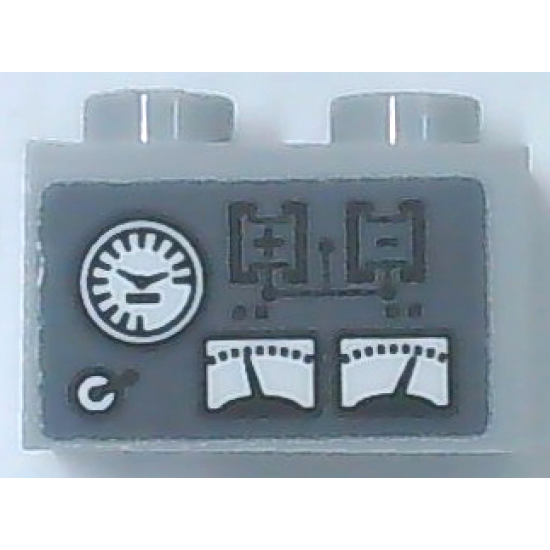 Brick 1 x 2 with White Speedometer and Gauges, Black Battery Diagram and Plus and Minus Sign on Dark Bluish Gray Background Pattern (Sticker) - Set 60216