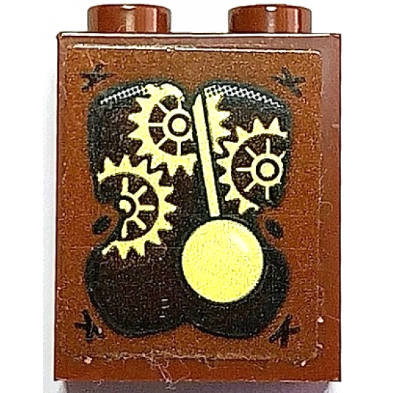 Brick 1 x 2 x 2 with Inside Stud Holder with Gold Clock Pendulum and Gears Pattern (Sticker) - Set 70425