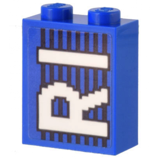 Brick 1 x 2 x 2 with Inside Stud Holder with White 'RI' on Blue and Black Lines Pattern (Sticker) - Set 10299