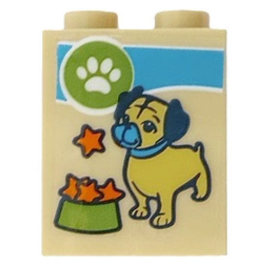 Brick 1 x 2 x 2 with Inside Stud Holder with Pug Dog, Orange Stars, Lime Bowl and White Paw Print in Circle Pattern (Sticker) - Set 41664