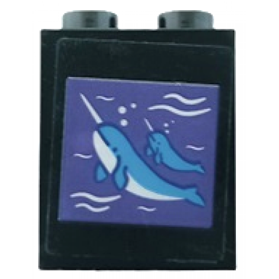 Brick 1 x 2 x 2 with Inside Stud Holder with Dark Azure and White Narwhal, Ripples and Bubbles on Dark Purple Background Pattern (Sticker) - Set 41408