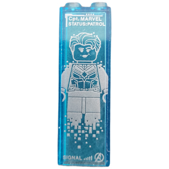 Brick 1 x 2 x 5 with Silver 'Cpt. MARVEL', 'STATUS:PATROL', 'SIGNAL', Avengers Logo and Captain Marvel Minifigure Pattern (Sticker) - Set 76192