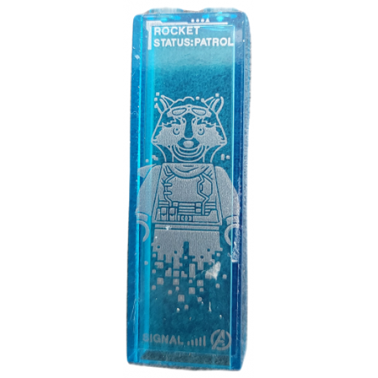 Brick 1 x 2 x 5 with Silver 'ROCKET', 'STATUS:PATROL', 'SIGNAL', Avengers Logo and Rocket Raccoon Minifigure Pattern (Sticker) - Set 76192