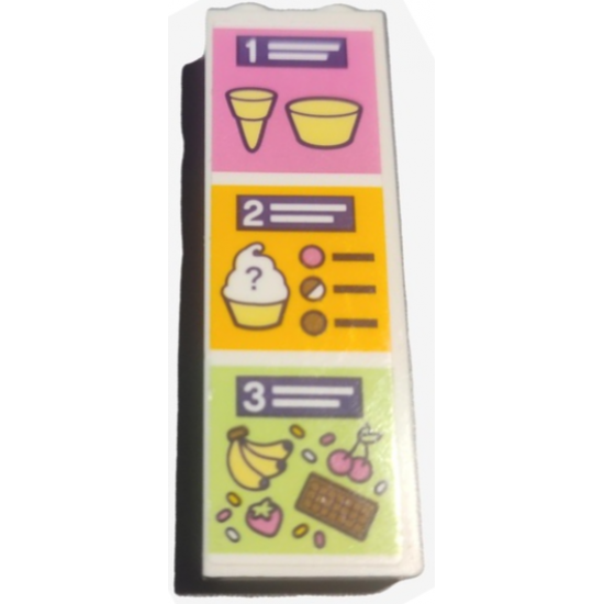 Brick 1 x 2 x 5 with Frozen Yoghurt Shop Menu, Number 1, 2, 3, Cone, Cup, Bananas, Cherries, Strawberry and Chocolate Bar on Dark Pink, Bright Light Orange and Yellowish Green Background Pattern (Sticker) - Set 41320