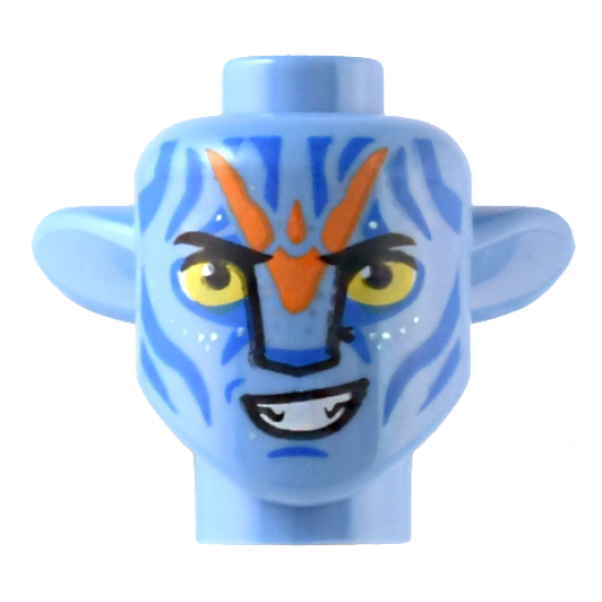 Minifigure, Head, Modified Alien Na'vi with Yellow Eyes, Blue Face Markings and Orange Face Paint Pattern