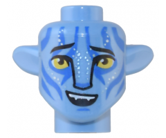 Minifigure, Head, Modified Alien Na'vi with Yellow Eyes, Raised Eyebrows, Blue Face Markings and Open Mouth Smile with Fangs Pattern