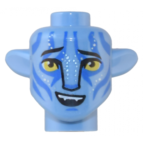Minifigure, Head, Modified Alien Na'vi with Yellow Eyes, Raised Eyebrows, Blue Face Markings and Open Mouth Smile with Fangs Pattern