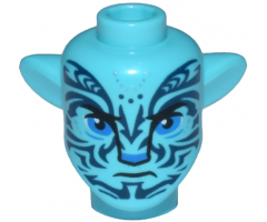 Minifigure, Head, Modified Alien Na'vi with Blue Eyes, Silver Spots, Dark Blue Markings, Closed Mouth Frown Pattern