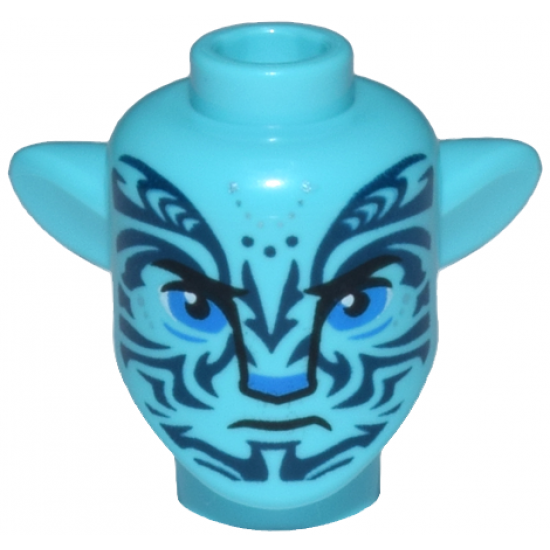 Minifigure, Head, Modified Alien Na'vi with Blue Eyes, Silver Spots, Dark Blue Markings, Closed Mouth Frown Pattern