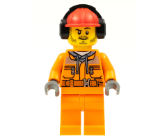 Construction Worker - Male, Orange Safety Jacket, Reflective Stripe, Sand Blue Hoodie, Orange Legs, Red Construction Helmet with Black Headphones, Stubble