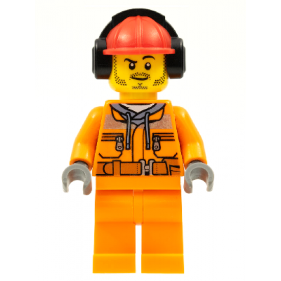 Construction Worker - Male, Orange Safety Jacket, Reflective Stripe, Sand Blue Hoodie, Orange Legs, Red Construction Helmet with Black Headphones, Stubble