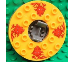 Turntable 6 x 6 x 1 1/3 Round Base Serrated with Bright Light Orange Top and Red Flames and Lion Heads Pattern (Ninjago Spinner)