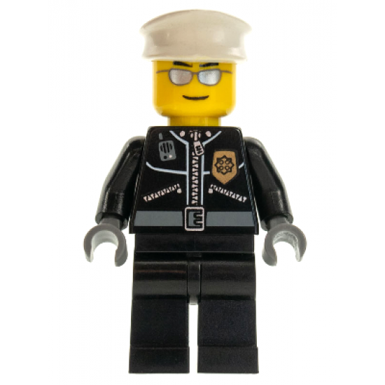 Police - City Leather Jacket with Gold Badge, White Hat, Silver Sunglasses