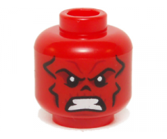Minifigure, Head Alien with Black and Dark Red Contour Lines, Nose Hole / Nasal Cavity, and White Bared Teeth Pattern