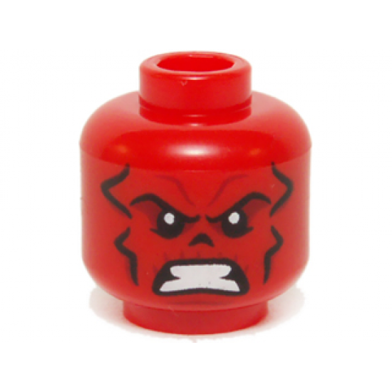 Minifigure, Head Alien with Black and Dark Red Contour Lines, Nose Hole / Nasal Cavity, and White Bared Teeth Pattern