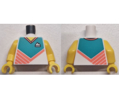Torso Sport Shirt with Dark Turquoise Panel, Mountains Logo, Coral Collar and Diagonal Stripes, Yellow Neck Pattern / Yellow Arms / Yellow Hands
