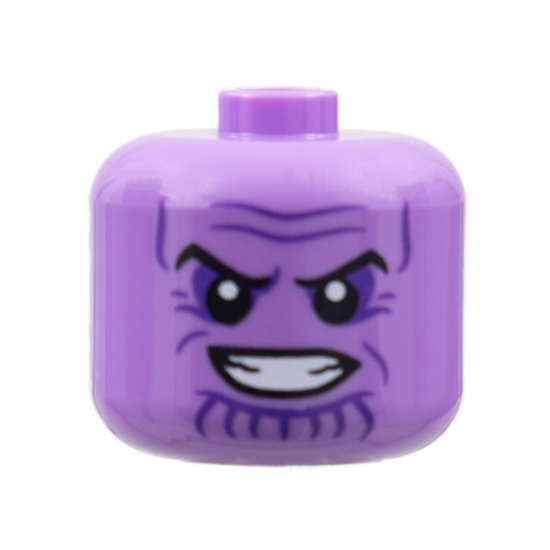 Minifigure, Head, Modified Giant, Black Eyebrows, Dark Purple Brow Furrows and Chin Lines, Scowl Showing Teeth Pattern - Vented Stud