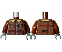 Torso Plaid Jacket with Dark Brown and Dark Red Lines, Silver Buttons, Yellow Collar, and Pockets Pattern / Reddish Brown Arms / Dark Bluish Gray Hands