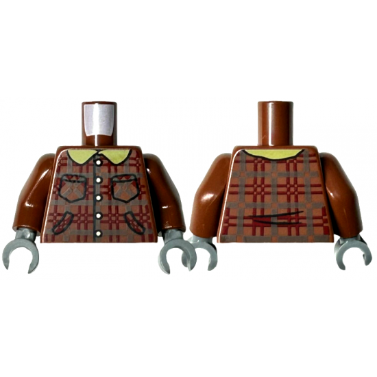 Torso Plaid Jacket with Dark Brown and Dark Red Lines, Silver Buttons, Yellow Collar, and Pockets Pattern / Reddish Brown Arms / Dark Bluish Gray Hands