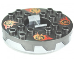 Turntable 6 x 6 x 1 1/3 Round Base Serrated with Pearl Dark Gray Top and Gold, Red and Black Pattern (Ninjago Spinner)