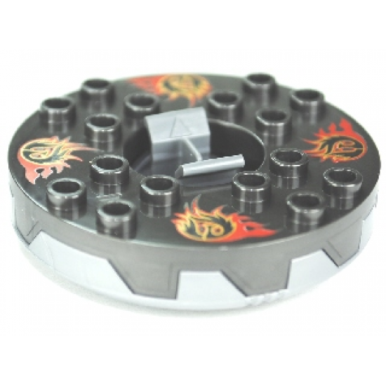 Turntable 6 x 6 x 1 1/3 Round Base Serrated with Pearl Dark Gray Top and Gold, Red and Black Pattern (Ninjago Spinner)