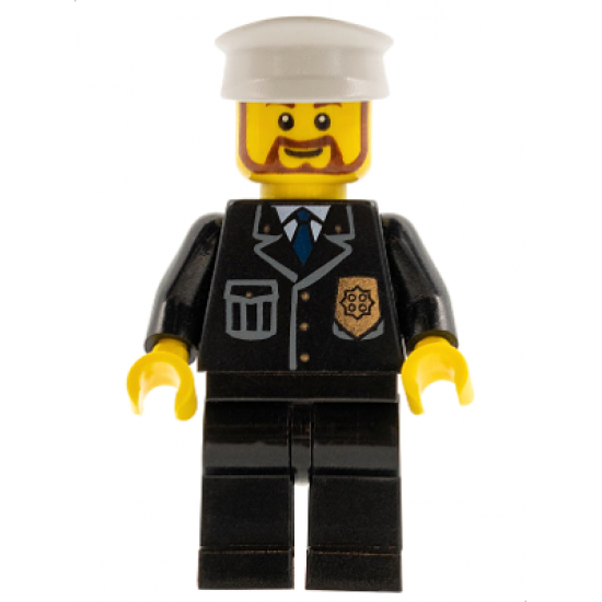 Police - City Suit with Blue Tie and Badge, Black Legs, White Hat, Brown Beard Rounded