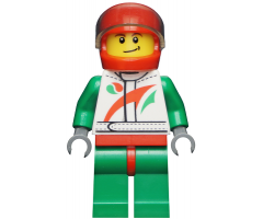 Race Car Driver, White Race Suit with Octan Logo, Red Helmet with Trans-Black Visor, Crooked Smile with Black Dimple