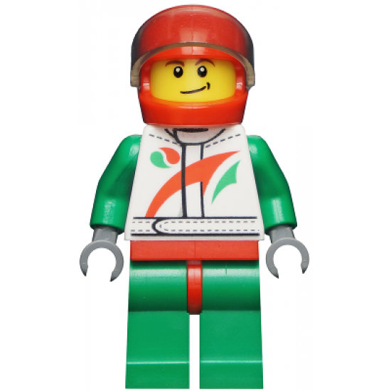 Race Car Driver, White Race Suit with Octan Logo, Red Helmet with Trans-Black Visor, Crooked Smile with Black Dimple