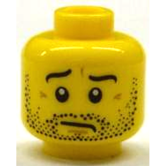 Minifigure, Head Black Eyebrows and Beard Stubble, Medium Nougat Chin Dimple and Wrinkles, Worried Pattern