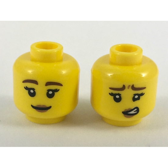 Minifigure, Head Dual Sided Female, Reddish Brown Eyebrows, Dark Tan Lips, Smile / Worried Pattern