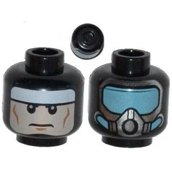 Minifigure, Head Dual Sided White Headband and Cheek Lines / Silver Mask and Medium Blue Goggles Pattern (Batman)