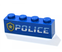 Brick 1 x 4 with Bright Light Blue and White 'POLICE' and Gold Star Badge Pattern (Sticker) - Set 60246